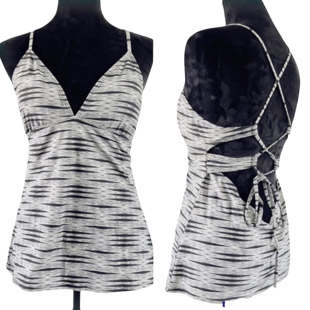 Athleta Black & White Low Back Criss Cross Tie Tankini Swim Yoga Top LargeTall